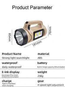 High Power LED COB Flashlight USB Solar Rechargeable Handheld Searchlight 4 Lighting Modes Waterproof Dual Light Source Outdoor Camping Emergency Repair Flashlight - Khaki - View 12