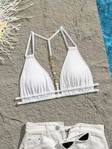 Top de Bikini Sexy y Decorativo de Color Sólido con Espalda Descubierta y Cuello Halter Swim Vcay - Blanco - Ver 7