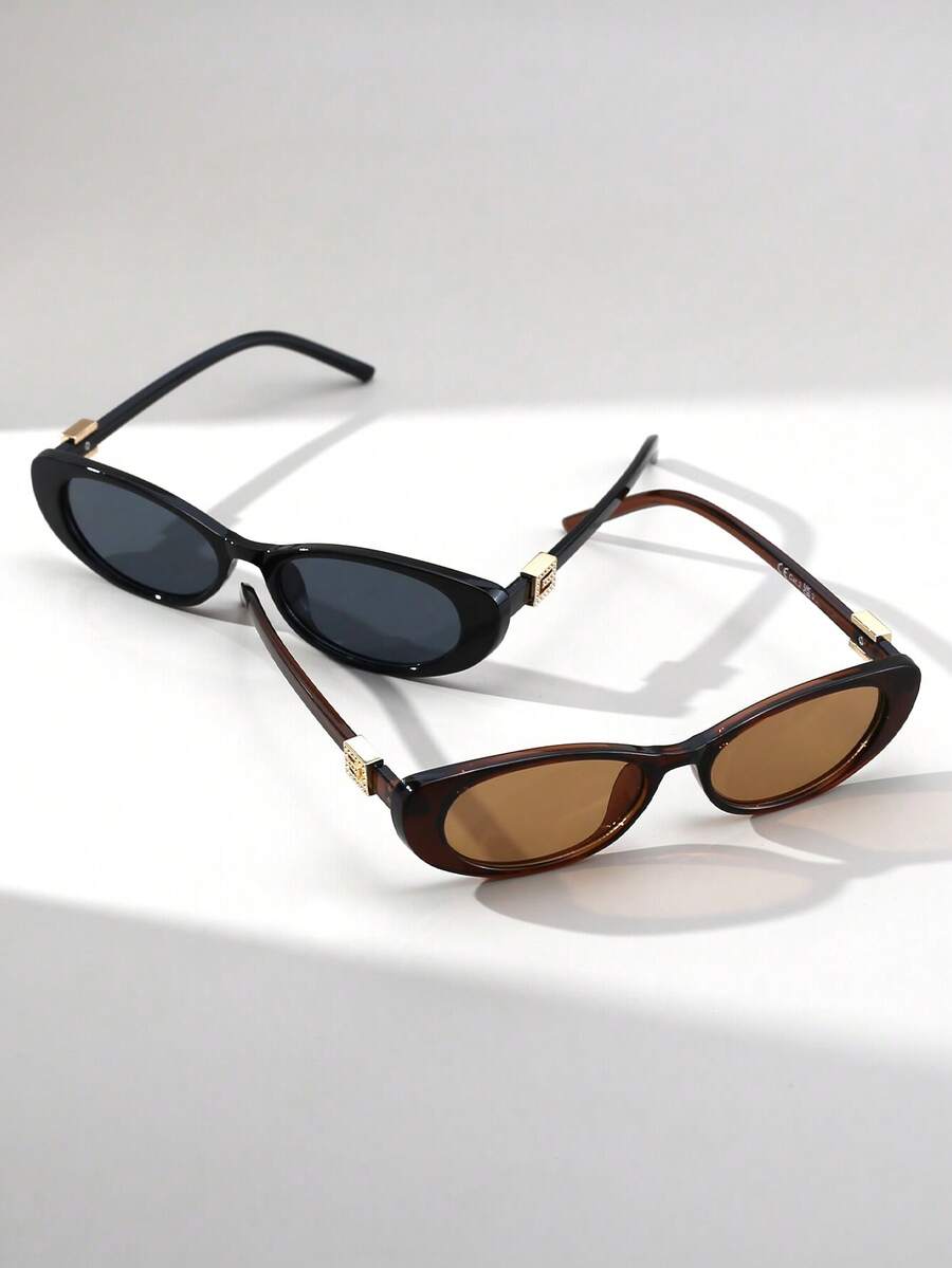 2 Pairs Women's Cat Eye Small Frame Eyeglasses, Vintage Metal Accessories, High-End Fashionable Street Style Glasses Combo - Multicolor - View 1
