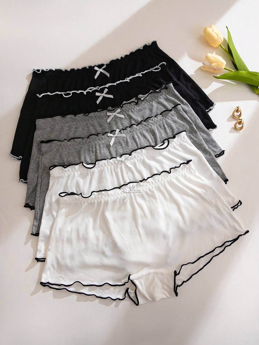 6pcs/Set Shorts tipo bóxer para mujer con control de abdomen, ajuste ceñido, cómodos, minimalistas, con volantes y lazo, multicapa base anti-exposición, multicolor - Multicolor - Ver 1