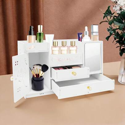 Makeup Organizer With Drawers, Vanity Countertop Organizer, White Cosmetic Storage Box With Door And Tissue Holder, Makeup Storage Cabinet For Vanity Countertop, Skincare And Beauty Accessories