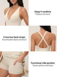TimeOff 1pc Women V-Neck Solid Color Side Slit Ruffle Hem Criss-Cross Strap Pocket Lining Dress Skirt - Grey - View 5