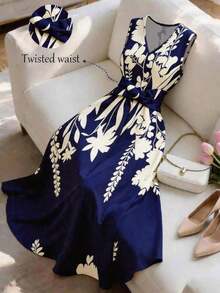 Vestido casual de mujer sin mangas con estampado de posicionamiento simple, vestido acampanado con cintura ceñida, adecuado para verano casual, vacaciones, primavera/verano, oficina, diario,, playa, graduación, uso versátil de oficina, vestido con cuello en V y cintura fruncida - Multicolor 4 - Ver 11
