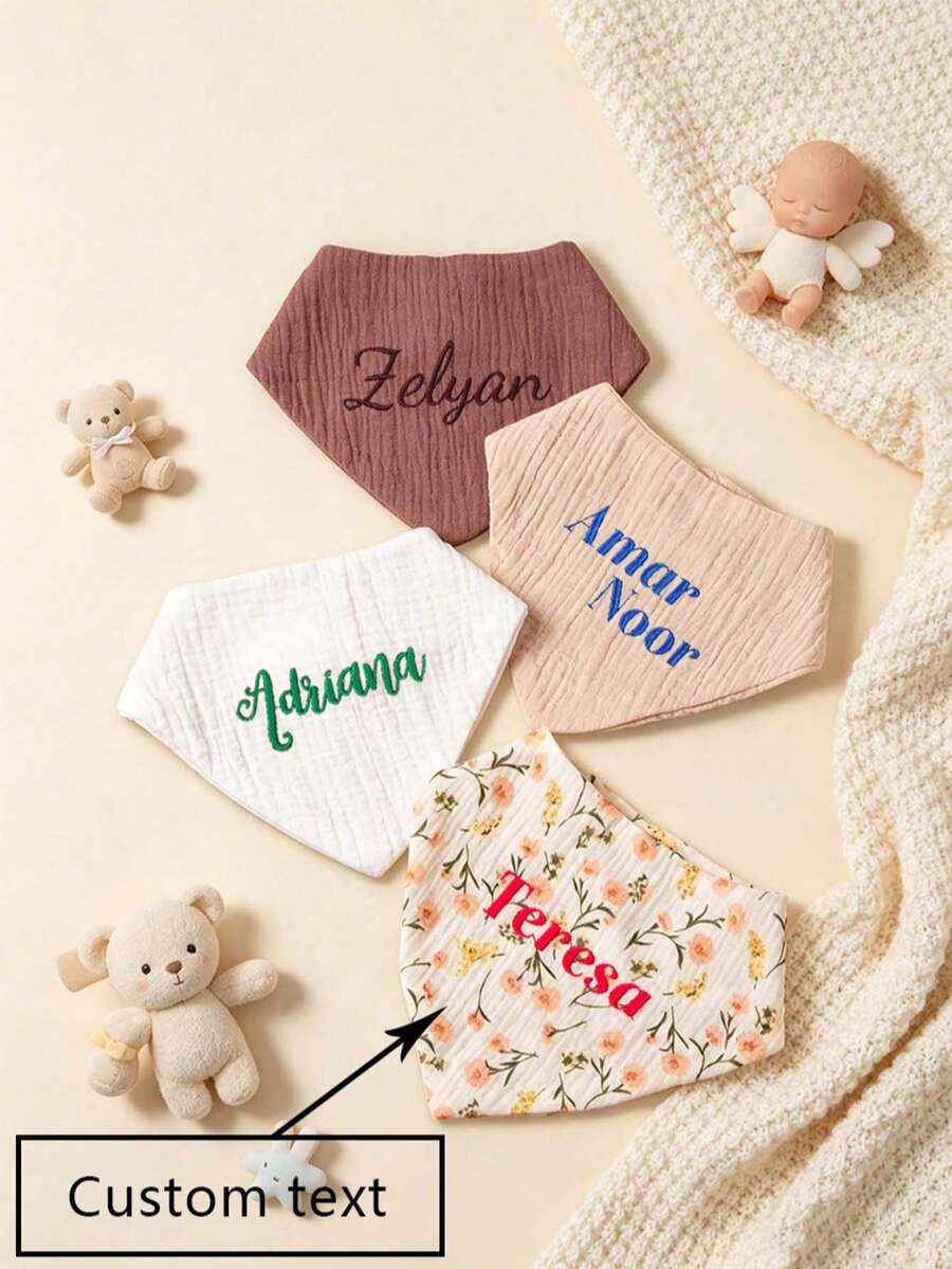1pc Personalized Custom Text Embroidered Baby Bib, Soft Skin-Friendly Newborn Anti-Spit-Up Bib, Absorbent And Breathable, All Season Style - Multicolor - View 1