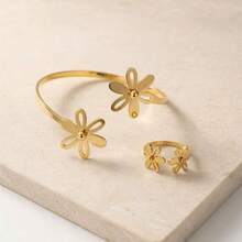 2pcs/Set Fashionable Exquisite Elegant Cute Sweet Floral Design Open Cuff Bracelet & Ring Jewelry Set - Gold - View 5