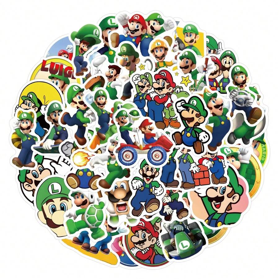 60pcs Cute Luigi Stickers DIY Skateboard Notebook Waterproof Cool Children's Anime Stickers Cute Mario Brothers Cartoon Stickers Perfect Birthday Gift Small Surprise - Multicolor - View 1