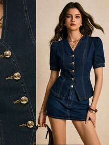 2026 Blusa de mezclilla para mujer, camisa de mezclilla casual de manga corta abullonada con cintura ajustada y abertura delantera, blusa de mezclilla azul oscuro adecuada para el verano y el transporte. Para el Día de San Valentín, carnaval, fiesta, primavera y festivales de música - Azul lavado oscuro 2 - Ver 1