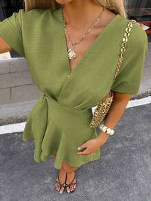 MSSiren Gaze Vestido envolvente mini de manga de murciélago de mezcla de lino, vestido casual de playa y vacacionesMS2-15 1GT0 - Verde - Ver 4
