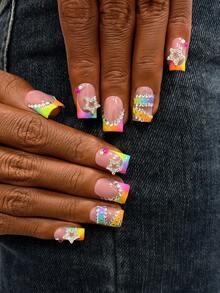 10pcs Y2K Nails Square Press On Nails Set - Handcrafted, Pink Nails, Colorful Nails, Green And Orange Gradient French Tip Nails, Hand Drawn Colorful Gradient Nails And Colorful Gradient French Tip Style Design - Multicolor - View 3