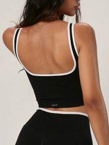 PinkTip 女士黑色撞色波浪边运动文胸，露背设计，适合健身、瑜伽、普拉提、休闲穿着，性感款式 - 黑色 - 查看 6