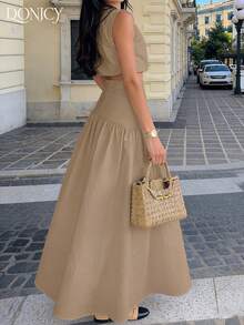 DONICY Women's New Arrival Spring Summer White Elegant Vacation Maxi Skirt - High-Waisted Flowy A-Line Soft Comfortable Beach Wedding - Khaki - View 2