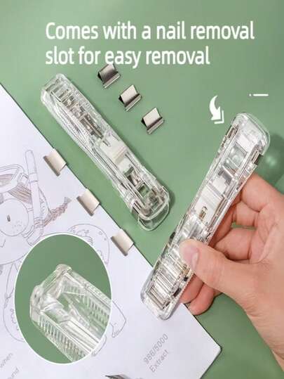 1 chiếc bấm ghim không cần ghim, nhiều màu sắc, kèm 8 kẹp thay thế. Thiết kế bằng kim loại chắc chắn, kẹp tài liệu chắc chắn. Thiết kế không đục lỗ giúp bảo vệ độ bền của giấy, có thể tái sử dụng và dễ mang theo. Thuận tiện cho việc sắp xếp hồ sơ, ghi chú và giấy tờ, thích hợp cho văn phòng, nhà và học tập hàng ngày.