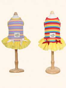 Lightweight And Fashionable Pet Rainbow Stripe Dress For Spring And Summer Pet Clothing With Bow, Suitable For Cute Daily Wear, Garden Stroll, Family Travel, Festivals, Gatherings, Seasonal Activities, Adding Elegant And Fresh Style To Your Pet - Multicolor - View 9