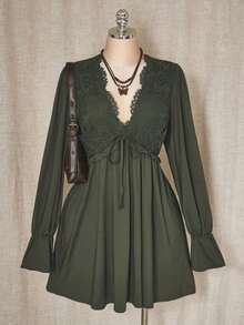 ICON Vestido mini de talla grande de unicolor casual con parches de encaje para mujer, ropa de otoño - Verde militar - Ver 1