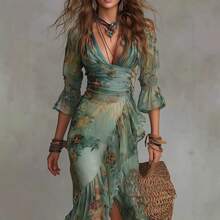 Women's Boho Floral Chiffon Maxi Dress Deep V Neck 3/4 Sleeve Ruched Waist High Slit Ruffle Hem Summer Party Dress - 綠色 - 查看 6