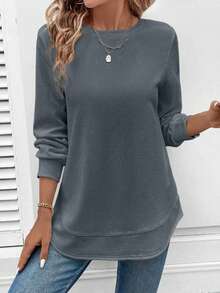 Waffle Knit Tunic Top For Women, Crew Neck Long Sleeve Blouse  Loose Fit Double-Layer Hem Blouse For Daily, Work & Lounge  Relaxed Fit Long Sleeve Shirt For Jeans & Leggings Casual Waffle Knit Tunic Blouse Waffle Knit Crew Neck Long Sleeve Tunic Top - 灰色 - 查看 4