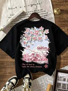 Camiseta con Estampado de Flor de Cerezo Sakura, Estilo Japonés de Verano para Mujer, Vacaciones y Playa, Camiseta Casual de Manga Corta con Cuello Redondo para Mujer de Talla Grande, Blanca - Negro - Ver 3