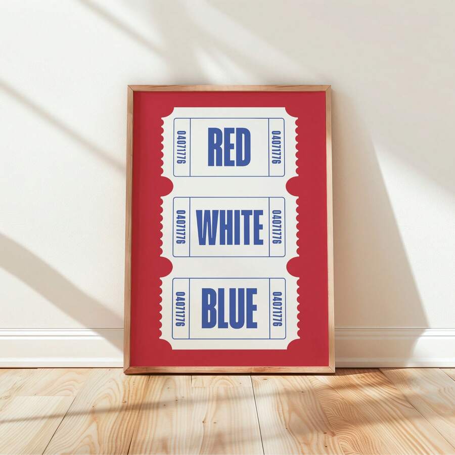 1 pieza Cartel digital descargable con estampado de boleto retro patriótico sin marco en rojo, blanco y azul para decoración del Cuatro de Julio, estética para sala de estar, dormitorio, de vuelta a la escuela, pósteres modernos, artículos esenciales para dormitorio - Entradas - Ver 1