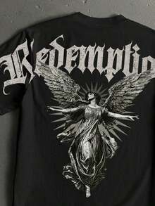 2026 Summer New Arrivals: Unique Design Y2kStoneGrade Men's Round Neck Angel Letter Print Casual Versatile Daily Wear T-Shirt. The Pattern Is Specially Designed For Pope's Day, Exclusive To Independence Day And The Declaration Of Independence. A Fashionable Men's T-Shirt For Summer - Black 3 - View 3