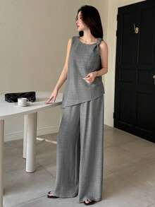 2026 Conjunto de 2 piezas de verano para mujer con sensación de lino, estilo vintage, para playa y tiempo libre, conjunto informal y holgado - Gris - Ver 7
