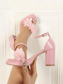 Women's Nude Platform Floral Block Heel Sandals, Ankle Strap Square Toe Bridal Wedding Shoes - Baby Pink - View 11