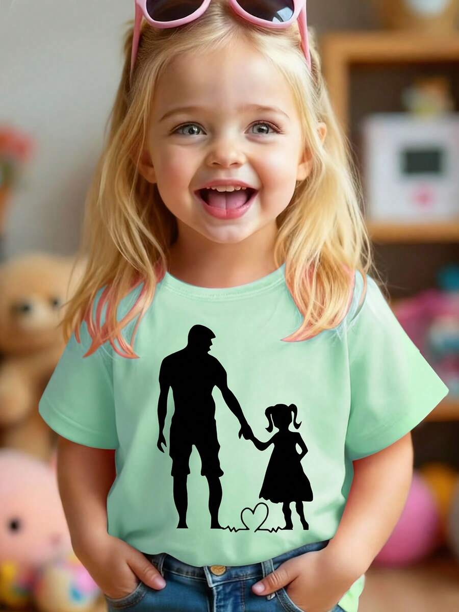 A Short-Sleeved T-Shirt For Girls Featuring A Silhouette Design Of A Father And Daughter Holding Hands. It Is Soft And Skin-Friendly, With A Stylish Design And Exquisite Craftsmanship, Suitable For Both Casual And Sporty Occasions. - 綠色 - 查看 1