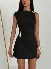 Vestido mini con manga de paraguas fruncida y decoración metálica para mujer - Negro 2 - Ver 8