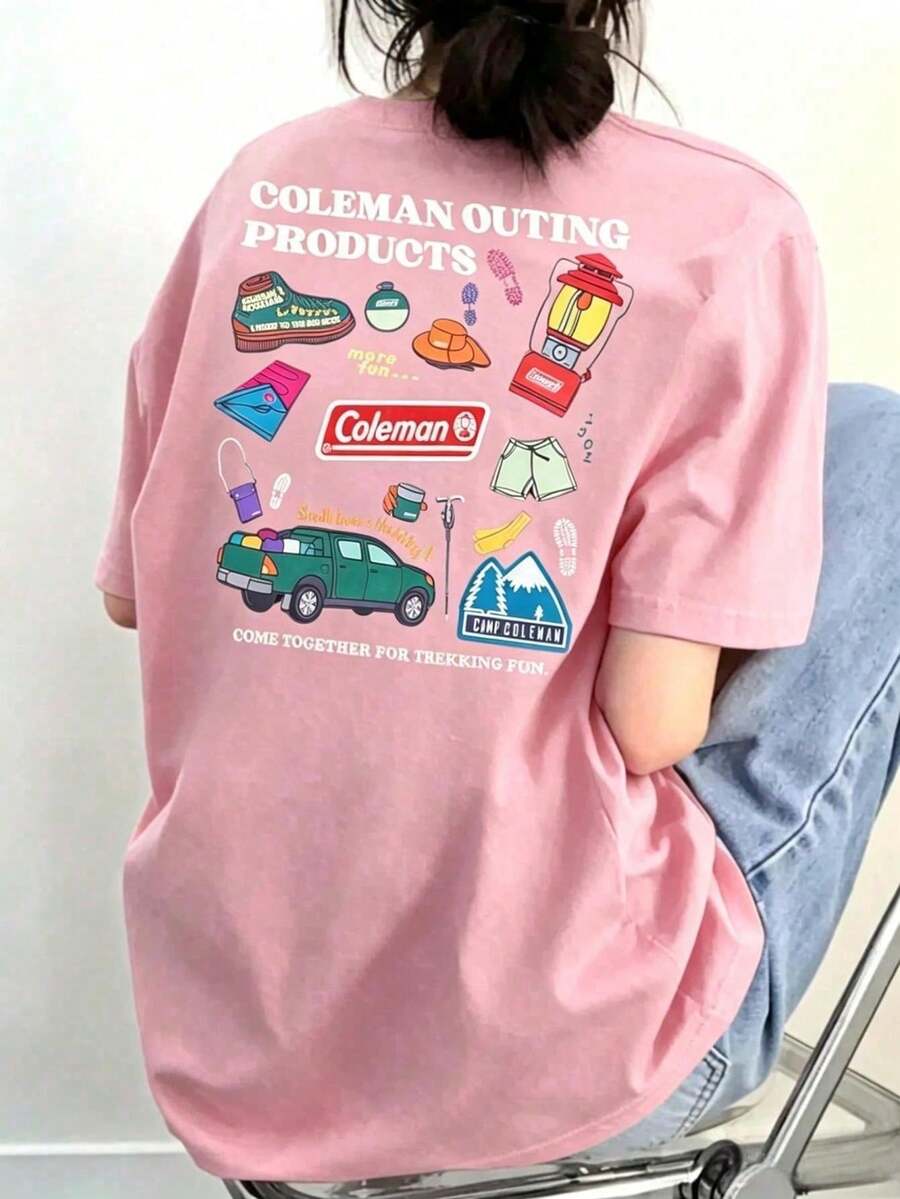 [ 100% Cotton ] Recommended New Products For Summer 2026: Lace Logo T-Shirt, Summer Dress, Women's Fashion T-Shirt, Short Sleeve Office Casual 200g Cotton Cartoon Character Printed Loose White Top, Y2K Women's Top, Spring Dress Top - Pink - View 1