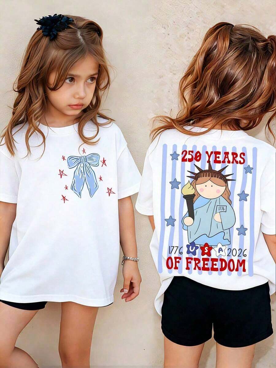 American Honey Kids' Short Sleeve T-Shirt With 4th Of July Cartoon Print, 180g, Soft, Comfortable And Breathable, Suitable For All Seasons, Perfect For Boys And Girls For Everyday Wear, School And Casual Sportswear. An Ideal Crew Neck T-Shirt For Holiday Parties, Gatherings, Outdoor Activities And Travel. - 粉色 - 查看 1