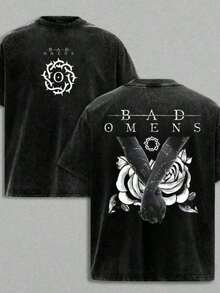 Camiseta Gráfica Retro Lavada, 100% Algodón, Estilo Urbano para Hombre, Cuello Redondo |     Con un diseño de rosas y cuchillos, estampados en la parte delantera y trasera, esta camiseta vintage de tela gruesa es el regalo perfecto para uso casual y eventos musicales. Es holgado, cómodo y transpirable, ropa de verano para hombre y mujer SW32 SUZM - Negro - Ver 8