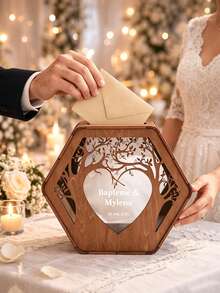 1pc Rustic Wooden Wedding Card Holder, Customizable Name And Date, Slotted Wedding Card Box, Wedding Reception Card Box, Wedding Souvenir - Multicolor - View 4