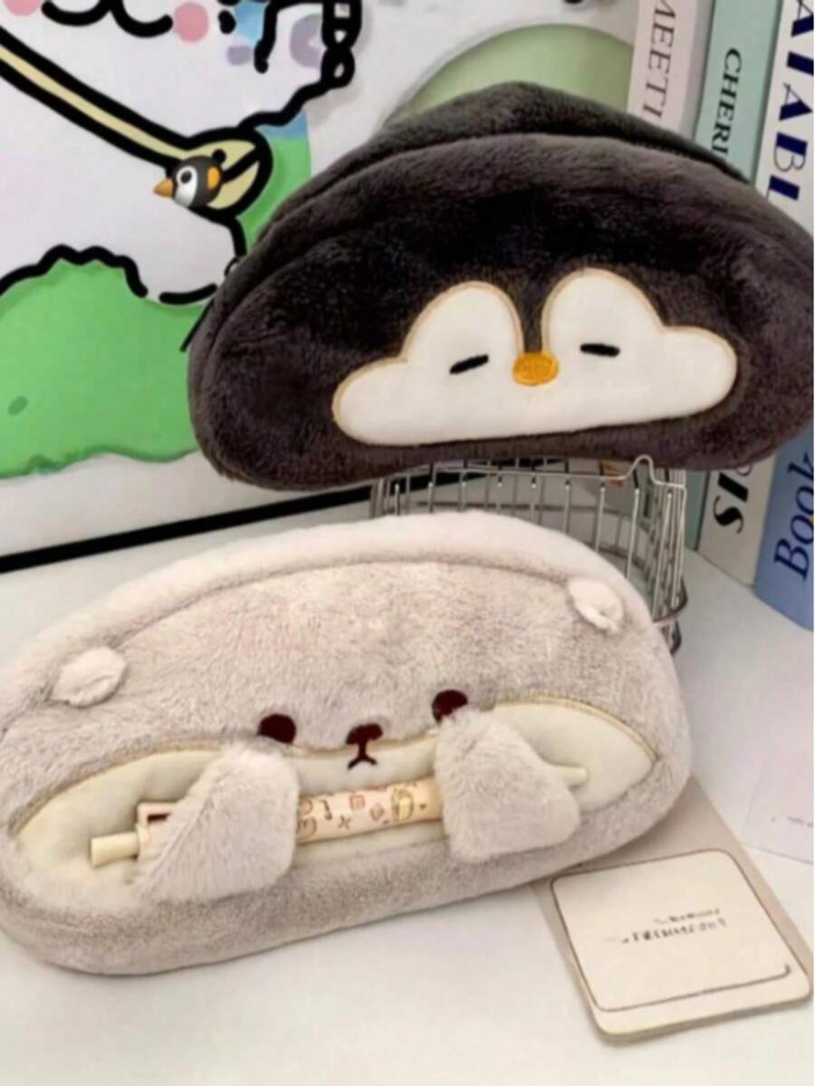 1件裝毛絨動物鉛筆袋,大容量柔軟蓬鬆文具袋,水獺與企鵝圖案,可攜式拉鍊筆袋,適合學生返校用品,女孩青少年化妝收納袋 - 查看 1