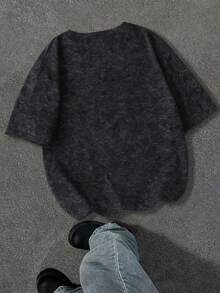 1件青少年女孩休閒酷感T恤，粉色豹紋印花，寬鬆水洗布料，日常穿著 - 黑色 - 查看 2