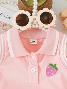 2pcs Baby Girl Fashion Preppy Style Set, Polo Collar Color Block Vest With Strawberry Embroidery And Elastic Waist Pleated Skirt, Comfortable Outfit - Pink - View 4
