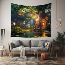 1pc Dreamy Magic Forest Tree House Theme Tapestry, Suitable For Bedroom Decor, Printed With Glowing Tree House And Fireflies Butterfly Forest Pattern, Wall Hanging Decoration - 1PC - View 3