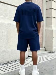 Men's Letter Print T-Shirt + Athletic Drawstring Waist Shorts Set, 2-Piece Summer Outdoor Sports Outfit - Multicolor - View 2