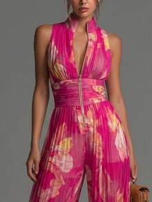 Women's Pleated Sleeveless High Neck Wide Leg Jumpsuit, Elegant Waistbanded Pleated Palazzo Jumpsuit, Formal Office Wear Sleeveless Pleated One-Piece Outfit, Casual Summer Pleated Wide Leg Jumpsuit - màu xanh lá - Xem 4