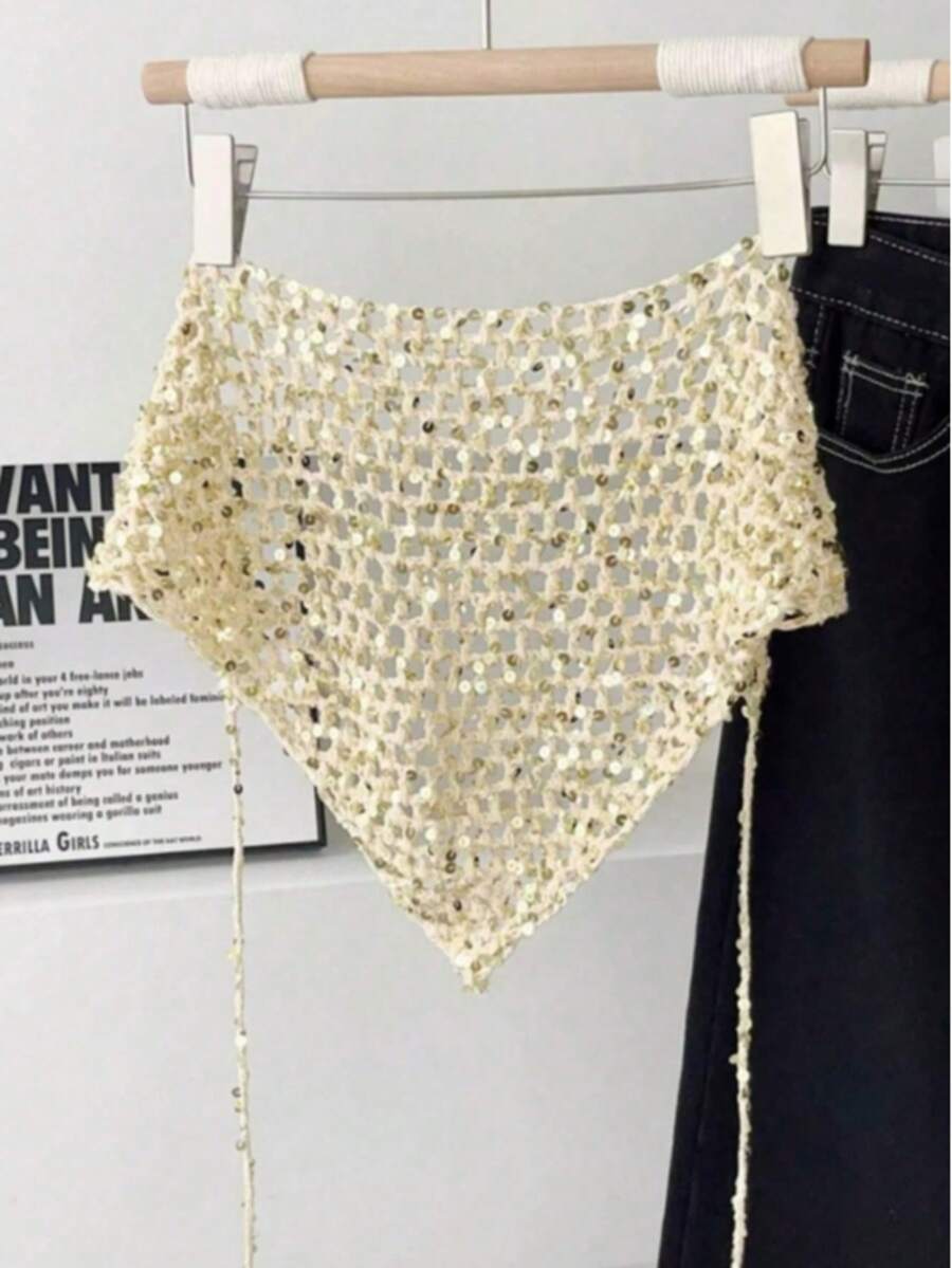 Sequin Hollow Triangle Scarf Headband, Cute Handmade Crochet Headwrap, Fashion Accessory - Champagne - View 1