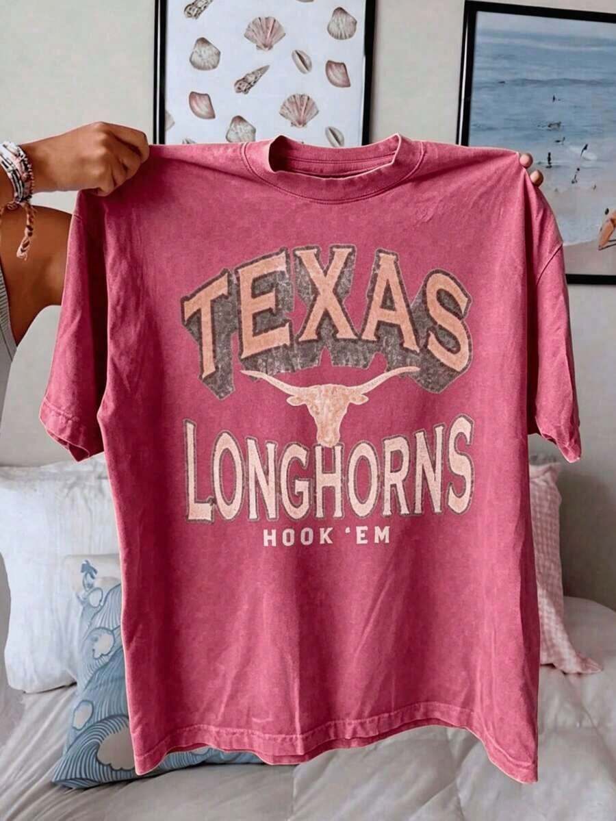 Texas Longhorns Graphic Showcasing Iconic Longhorn With Vintage Distressed Lettering, Casual Tee Ultimate Fan 220g Comfortable Fit2025 - Hot Pink - View 1