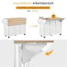 Kitchen Island With Wheels, Extendable Dining Area, Kitchen Island With Waste Bin And Drawers, Mobile Kitchen Island Ideal For Kitchen And Dining Room (White) - White+Natural - View 7