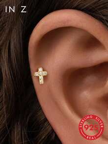 IN Z 1pc 925 Sterling Silver Cross Flat Back Lip Stud Earring | Petite Earring | Layering Earring | Cross Earring | 925 Sterling Silver Jewelry | Suitable For Women's Daily Wear | Sold Individually (Not A Pair) - Multicolor - View 1