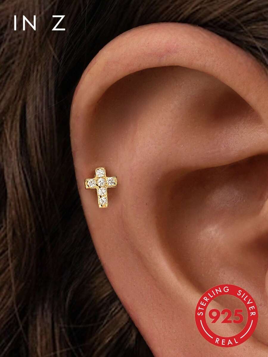 IN Z 1pc 925 Sterling Silver Cross Flat Back Lip Stud Earring | Petite Earring | Layering Earring | Cross Earring | 925 Sterling Silver Jewelry | Suitable For Women's Daily Wear | Sold Individually (Not A Pair) - Multicolor - View 1