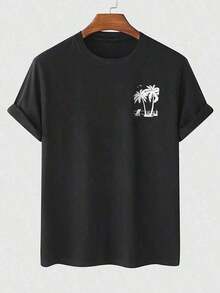 Men's T-Shirt With Tropical Palm Print – White Crew Neck T-Shirt With Black Palm Print – Soft And Breathable T-Shirt, Ideal For Everyday Wear, The Beach, Holidays And Casual Outfits – Minimalist Top With Tropical Print, Perfect For The Beach, Holidays, Simple Design, Comfortable Fit, Short Sleeves, Summer, Lightweight And Printed Material. - 黑色 - 查看 12