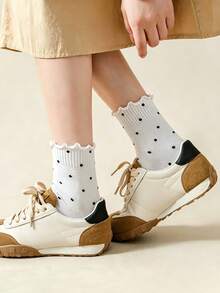 1/6 Pairs Women's Multi-Color Polka Dot Ruffle Socks, Sweet And Cute Style Suitable For Campus And Daily Wear, Simple Basic Style Suitable For Office And Outings, Young Lady Style Suitable For Home And Casual Scenes, Comfortable Fabric, Easy To Match, Cute, Randomly Mixed - Multicolor - View 3