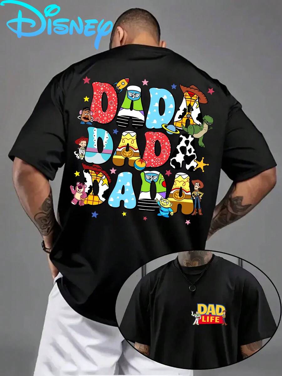 Licensed By Disney-Toy Story DADA Dad T-Shirt Father'S Day Gift Fun Print Short Sleeve, Crew Neck Casual Comfort Short Sleeve T-Shirt, Breathable Lightweight, Stylish Streetwear, Men'S Sport Top - 黑色 - 查看 1