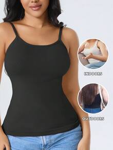 CELILIN Black Adjustable Strap Seamless Camisole Tank Top, Breathable Skin-Friendly Tummy Control Slimming - Black - View 2