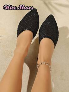 Nuevas sandalias de punta puntiaguda de malla tejida para el verano, de uso casual, cómodas y relajadas, en colores plateado y negro - Negro - Ver 2