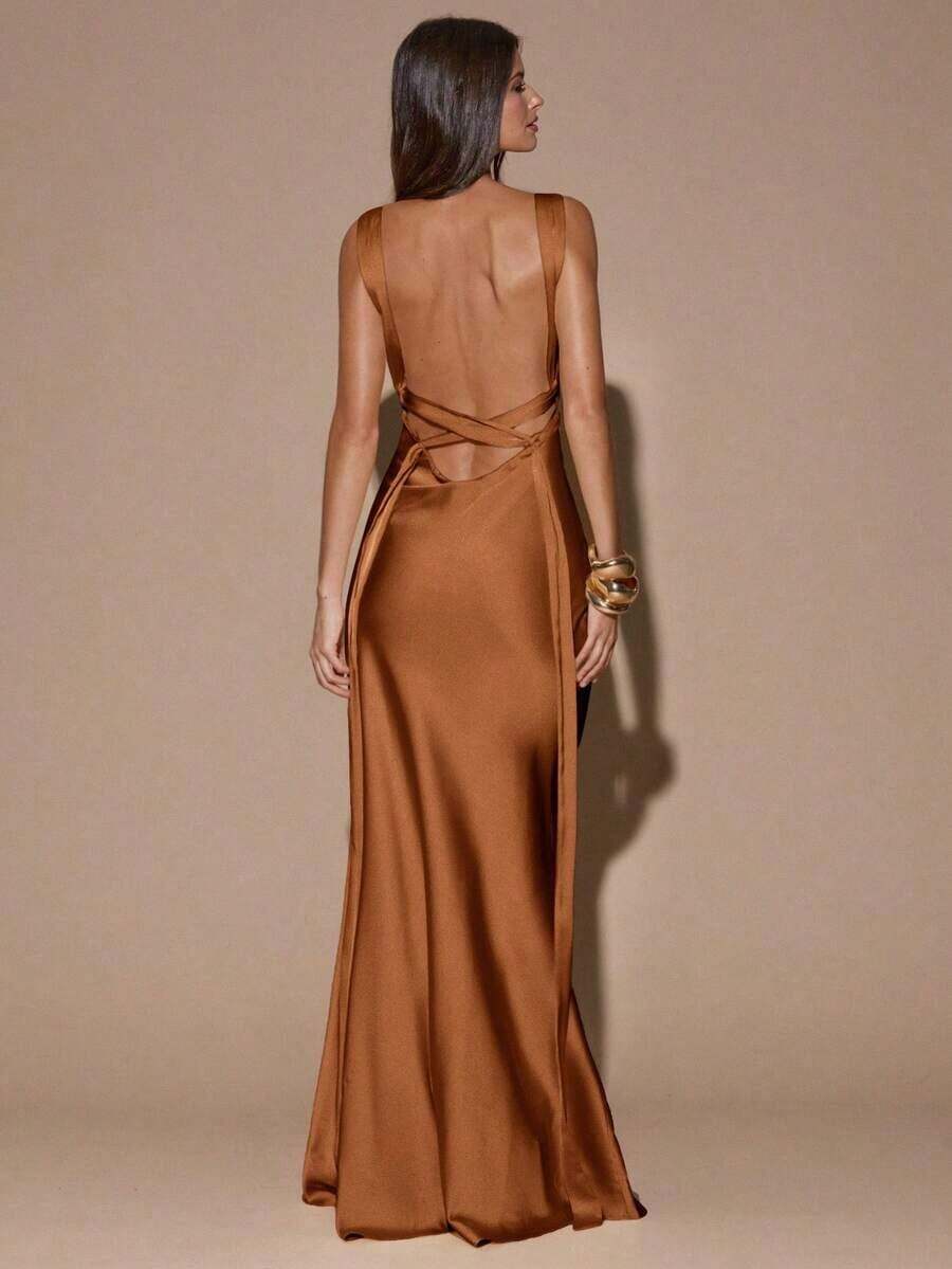 fsvsSHEIN  Vestido de tirantes con escote en V profundo y espalda descubierta, de unicolor amarillo/crema, de estilo minimalista y sexy, adecuado para fiestas, cócteles, ocasiones formales, dama de honor, cumpleaños, Navidad y casual de negociossdvs KE52 - Óxido marrón - Ver 1