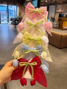 5件組女孩純色雙蝴蝶結髮夾，鬱金香花朵髮夾，瀏海馬尾夾，派對裝飾髮飾 - 金色 - 查看 6