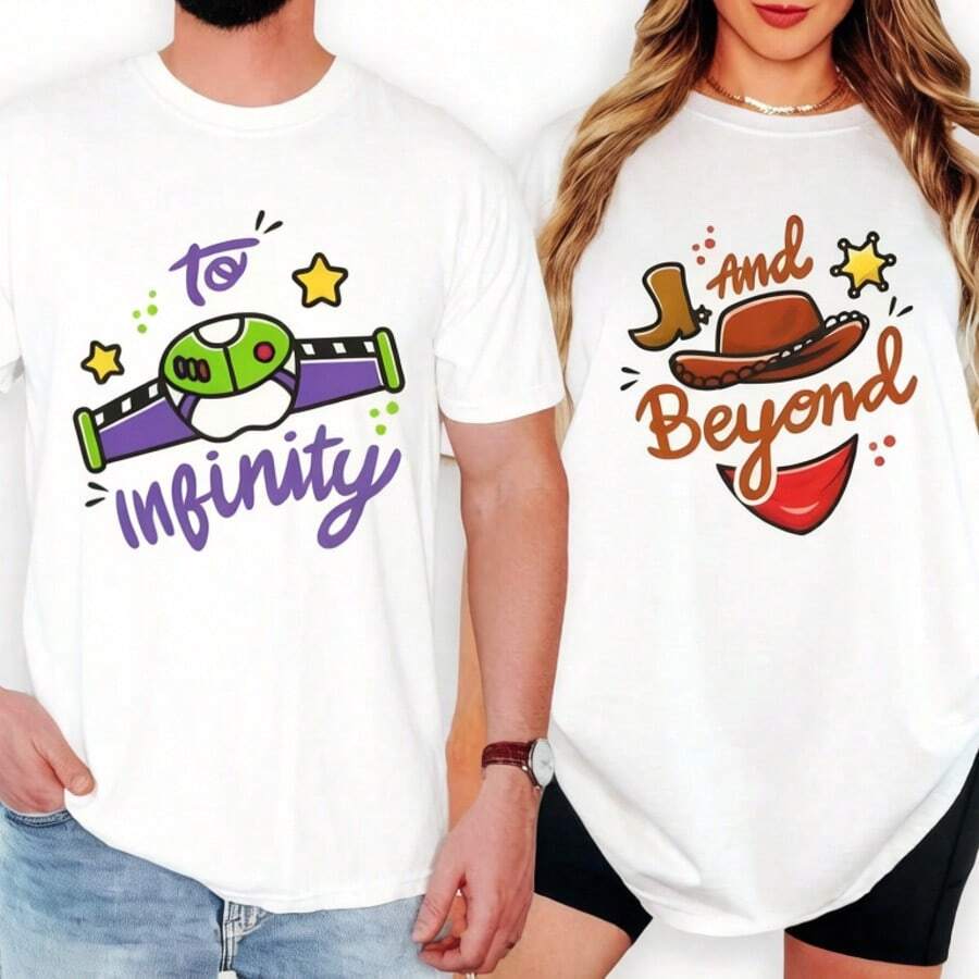 Disney Toy Story To Infinity And Beyond Couple Shirt, Toy Story Buzz And Jessie Shirt, Disney Couple Shirt, Disney Matching Shirt Ladies Oversized T-Shirt - 男士T卹 - 查看 1